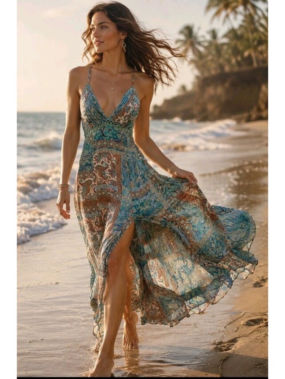 Luxxel Maxi Dress Size L Bohemian Resort Paisley Multicolor Plunged V-neck #CB3